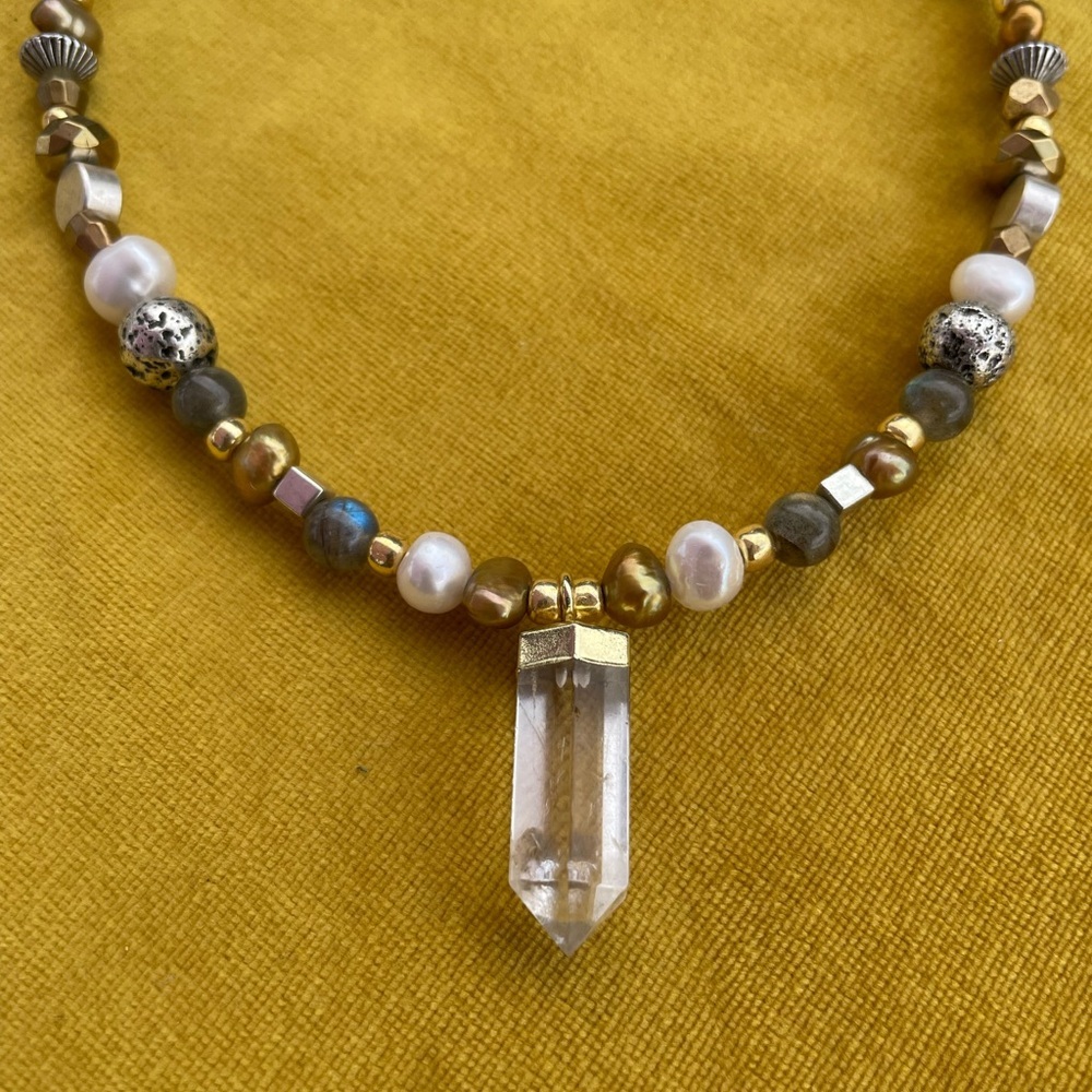 Quartz Drop Beaded Pearl Gold Silver Toggle Clasp Necklace Choker 15” - Picture 2 of 4